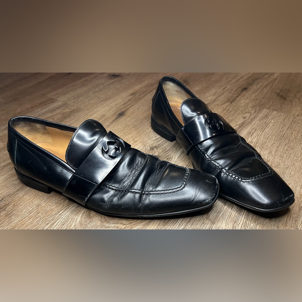 Gucci Black Leather Gg Logo Loafer Slip On Dress Shoes Size 10 Men